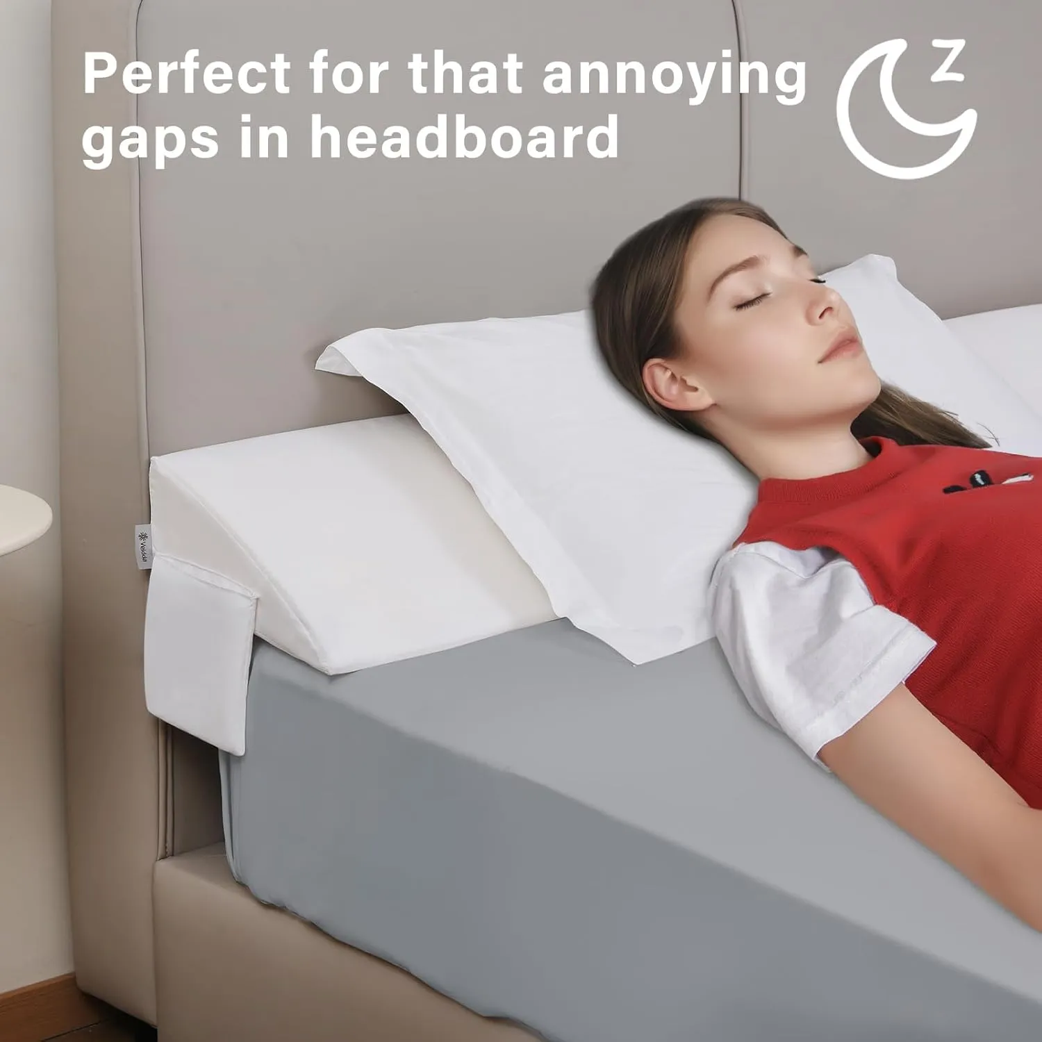 Vekkia Queen Bed Wedge Pillow for Headboard Gap Filler(0-5"),High-Density Foam,Prevents Pillows & Items from Falling,Ergonomic Design,Large Storage Pockets, Removable&Washable Cover,White,60''x10 x6