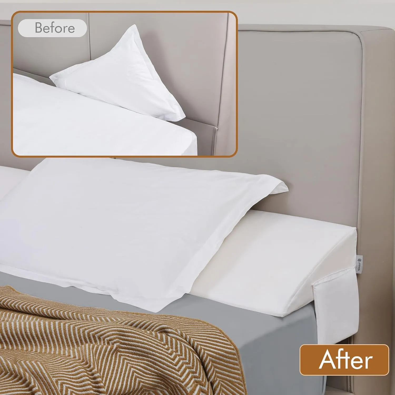 Vekkia Queen Bed Wedge Pillow for Headboard Gap Filler(0-5"),High-Density Foam,Prevents Pillows & Items from Falling,Ergonomic Design,Large Storage Pockets, Removable&Washable Cover,White,60''x10 x6