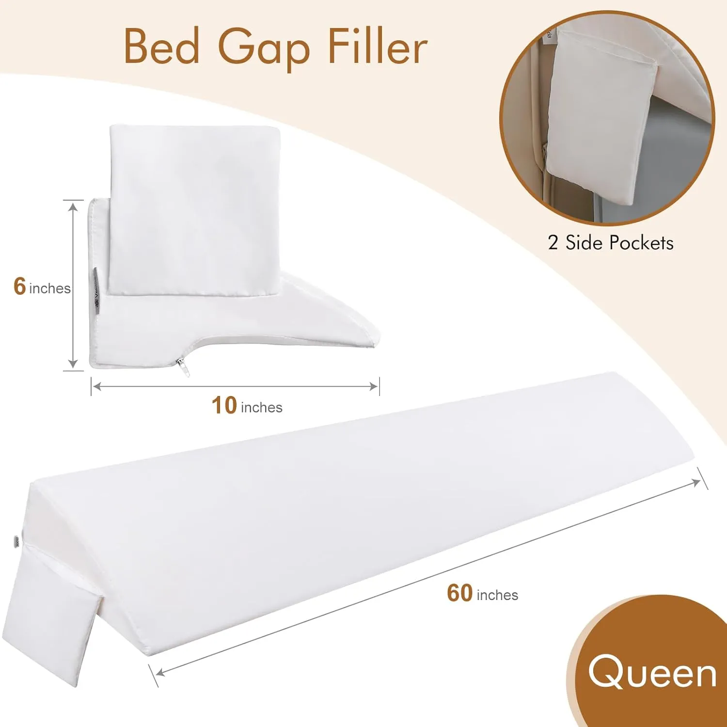 Vekkia Queen Bed Wedge Pillow for Headboard Gap Filler(0-5"),High-Density Foam,Prevents Pillows & Items from Falling,Ergonomic Design,Large Storage Pockets, Removable&Washable Cover,White,60''x10 x6