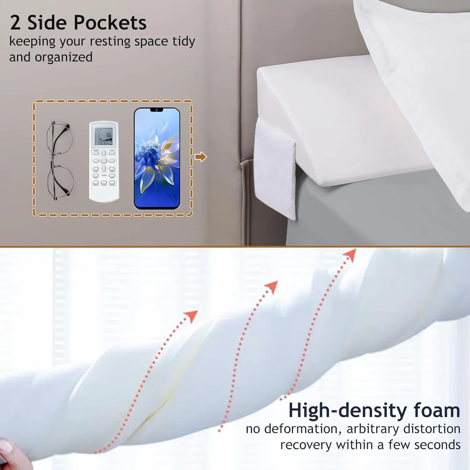 Vekkia Queen Bed Wedge Pillow for Headboard Gap Filler(0-5"),High-Density Foam,Prevents Pillows & Items from Falling,Ergonomic Design,Large Storage Pockets, Removable&Washable Cover,White,60''x10 x6