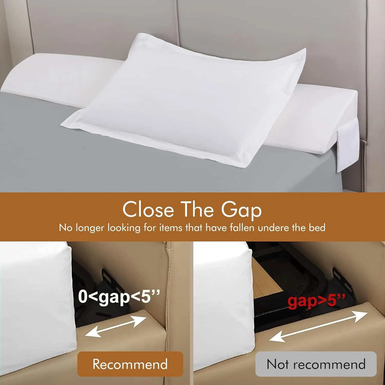 Vekkia Queen Bed Wedge Pillow for Headboard Gap Filler(0-5"),High-Density Foam,Prevents Pillows & Items from Falling,Ergonomic Design,Large Storage Pockets, Removable&Washable Cover,White,60''x10 x6