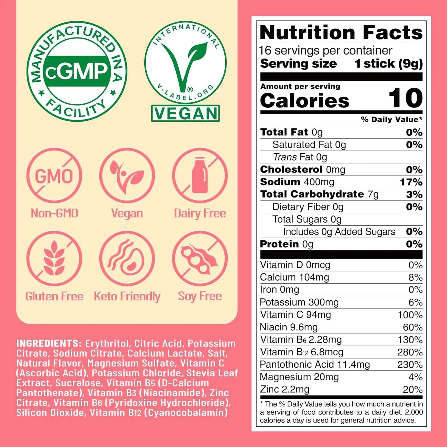 Venture Pal Sugar Free Electrolyte Powder Packets - Liquid Daily IV Hydration Packets | Electrolytes Drink Mix with 5 Vitamins & 7 Electrolytes | Keto Friendly | Non-GMO | Certified Vegan | 16 Sticks