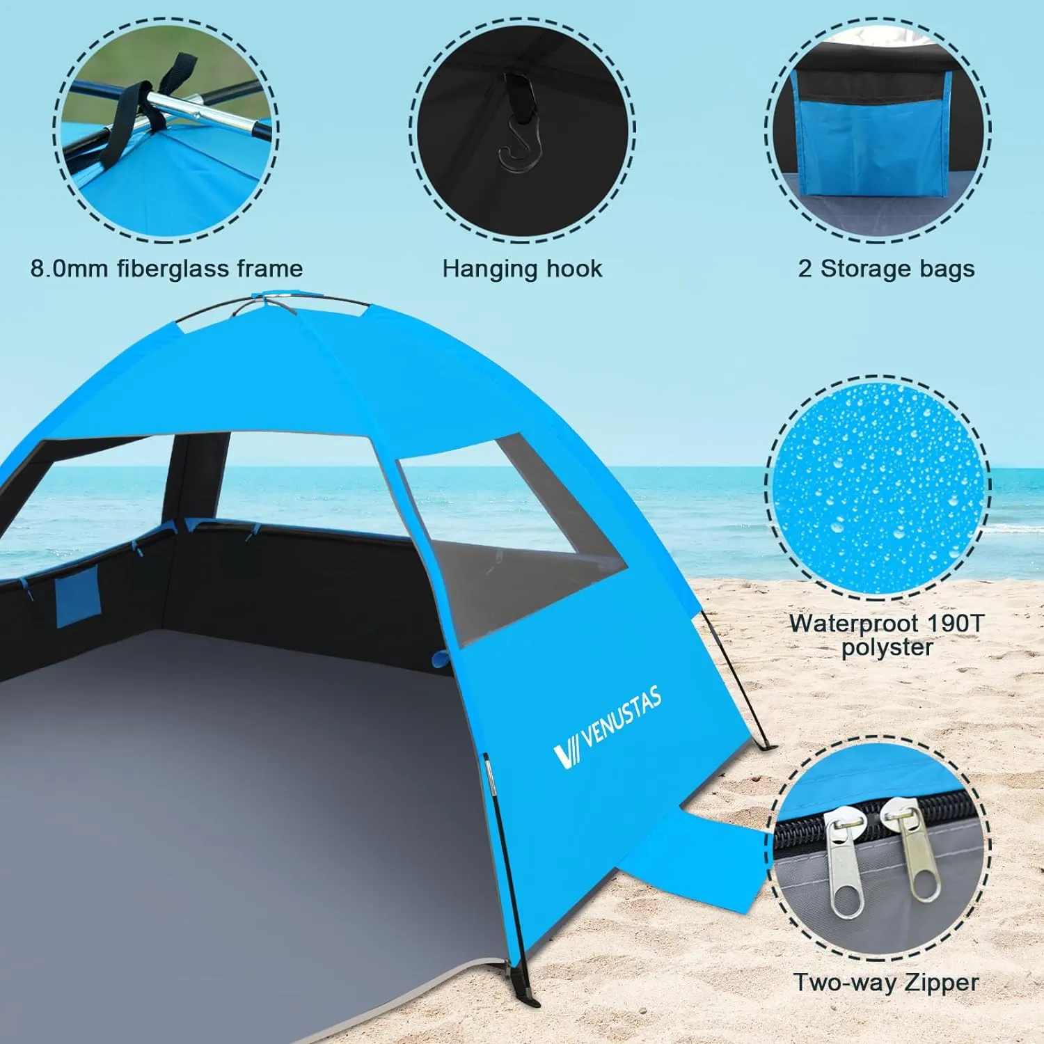 Venustas Beach Tent Sun Shelter for 3-10 Person, UPF 50  UV Protection Canopy, Lightweight and Easy Setup Cabana, Portable Beach Shade