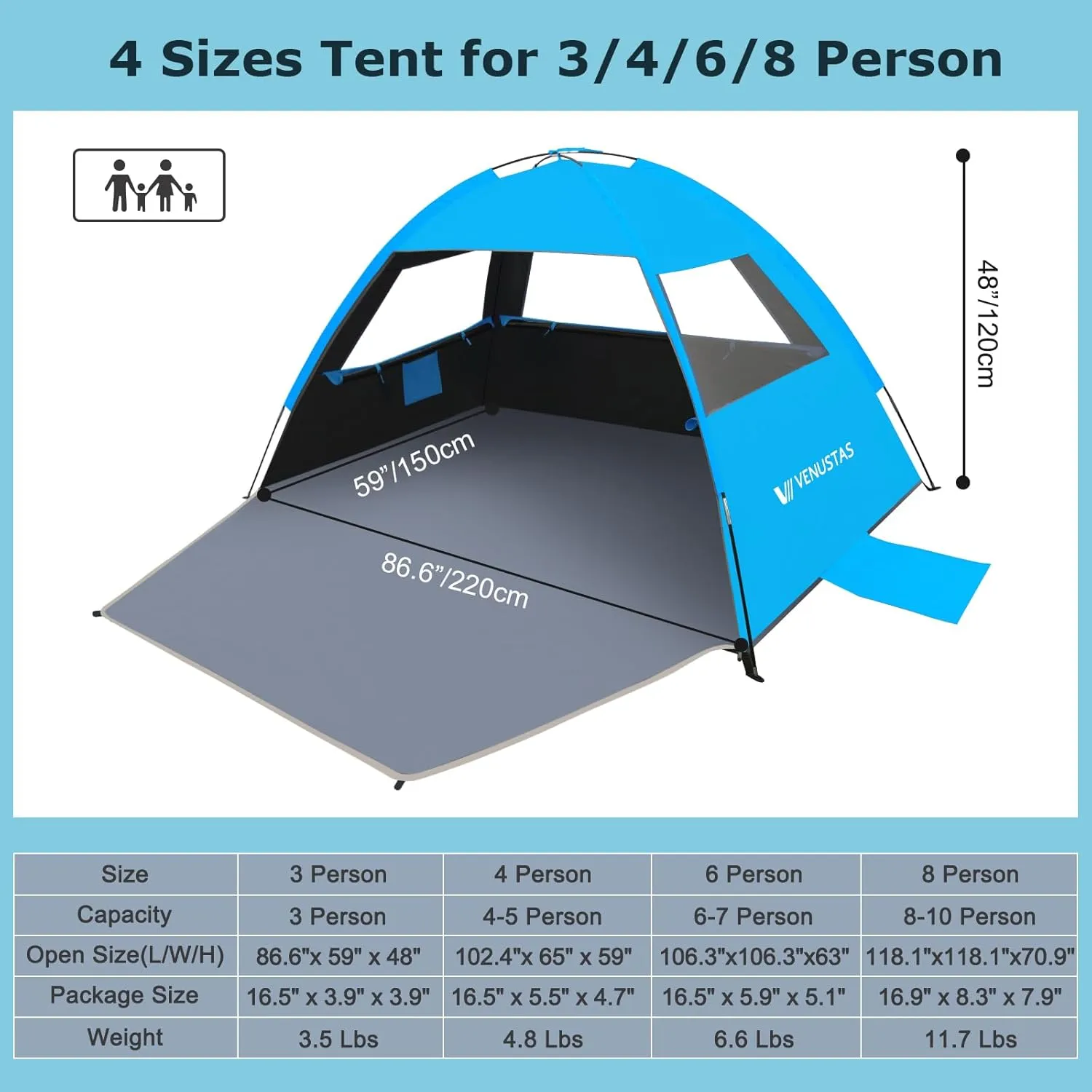 Venustas Beach Tent Sun Shelter for 3-10 Person, UPF 50  UV Protection Canopy, Lightweight and Easy Setup Cabana, Portable Beach Shade