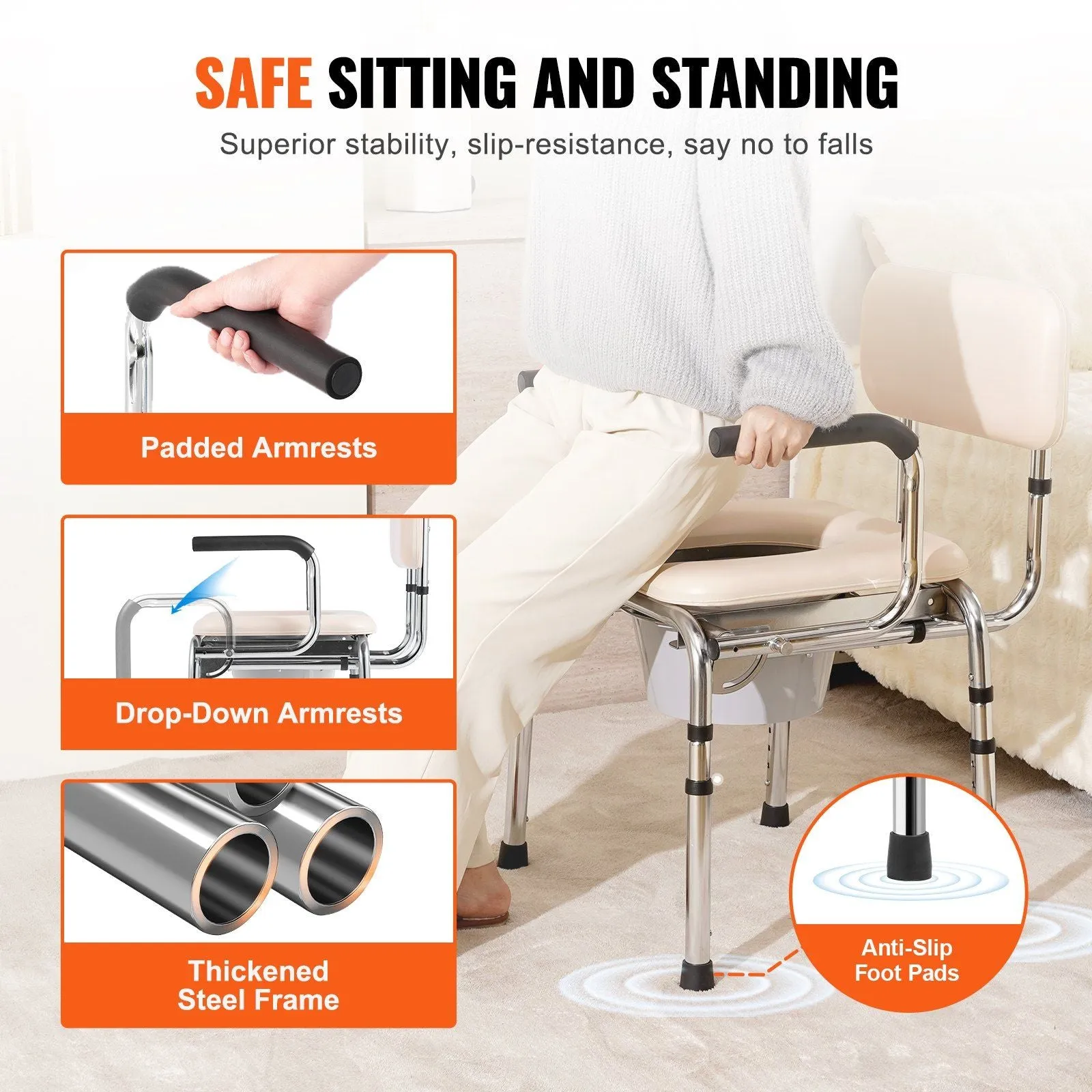 VEVOR Commode Chair, Bedside Commode with Padded Seat, Drop-Down Arms, 7-Level Adjustable Height, 5.8L Removable Bucket, Easy to Assemble, 350LBS Capacity, Portable Toilet for Adults Seniors