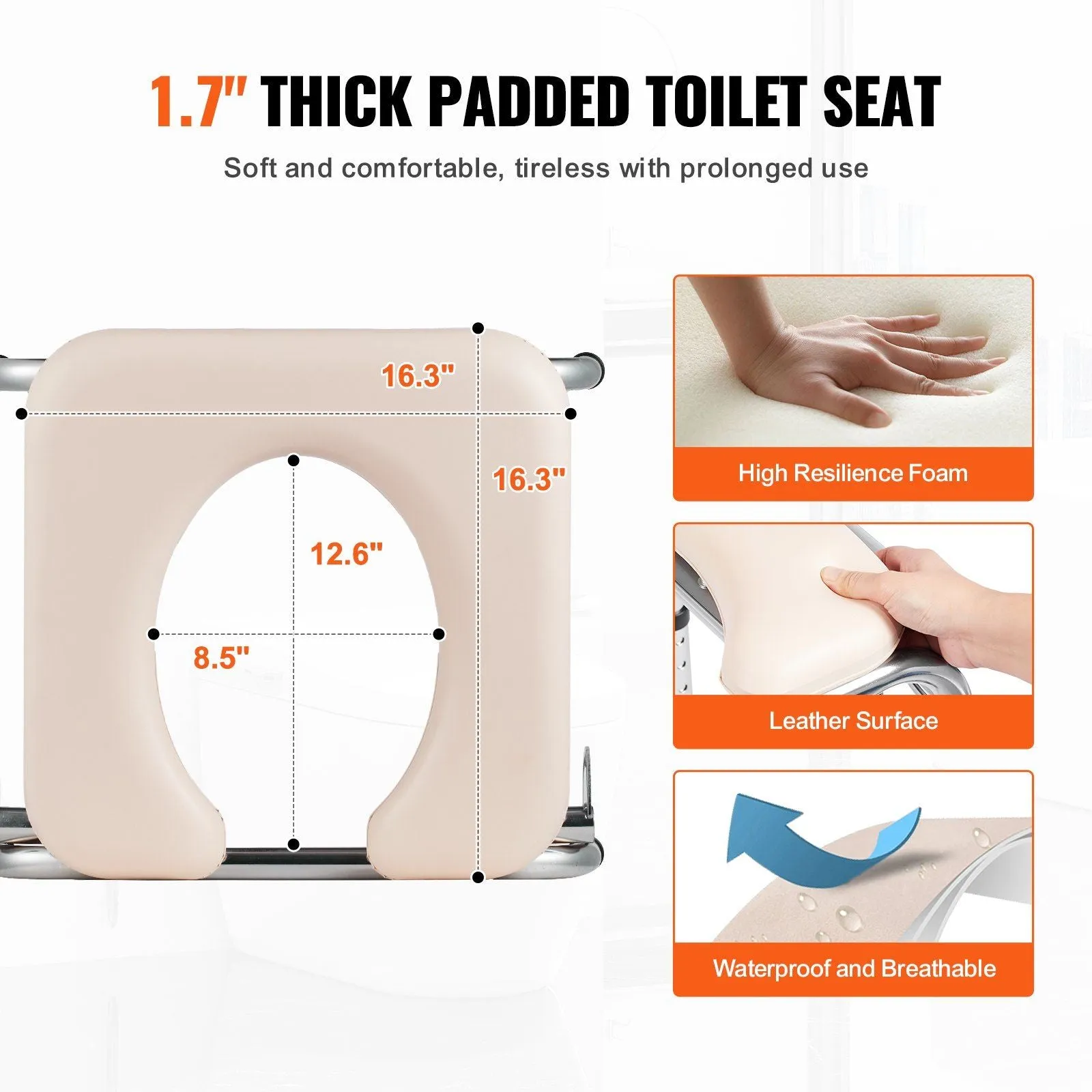 VEVOR Commode Chair, Bedside Commode with Padded Seat, Drop-Down Arms, 7-Level Adjustable Height, 5.8L Removable Bucket, Easy to Assemble, 350LBS Capacity, Portable Toilet for Adults Seniors