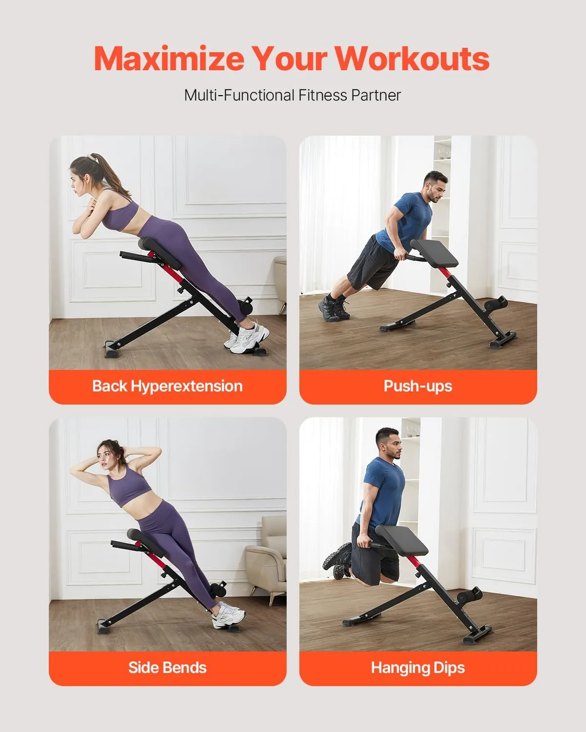 VEVOR Roman Chair Hyperextension Bench & Weight Bench, Adjustable & Foldable Design for Full Body Workout. Targets Glutes, Hamstrings, Back, Core, and Abs. Ideal Multi-Function Home Gym Equipment.