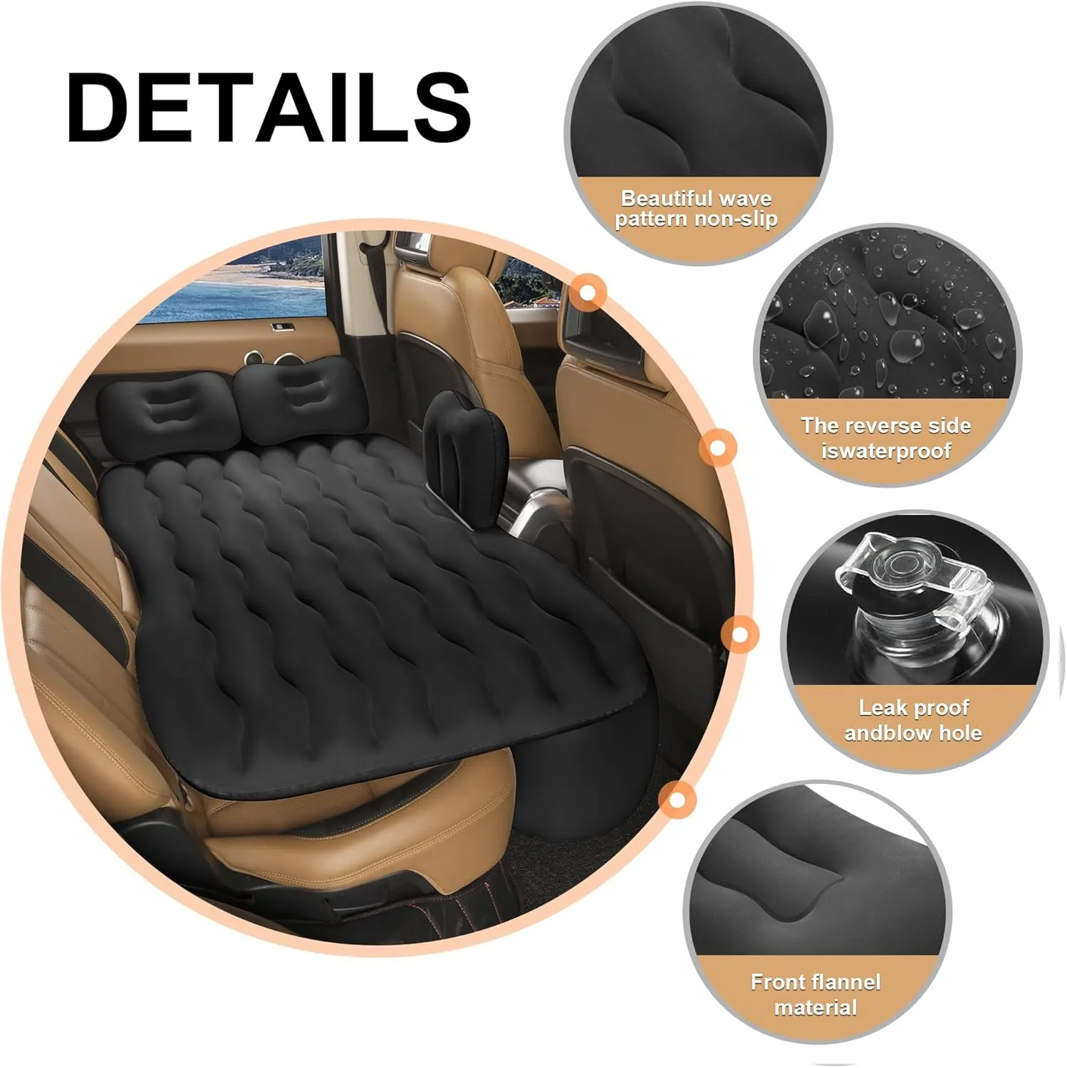 Vextone Inflatable Air Mattress Rear Back Seat Car Bed - PVC Thickened Travel Camping Air Mattress for Small Cars, Black Sleeping Car Mattress - Universal Fit, with Pillows, Piers, Repair Pad