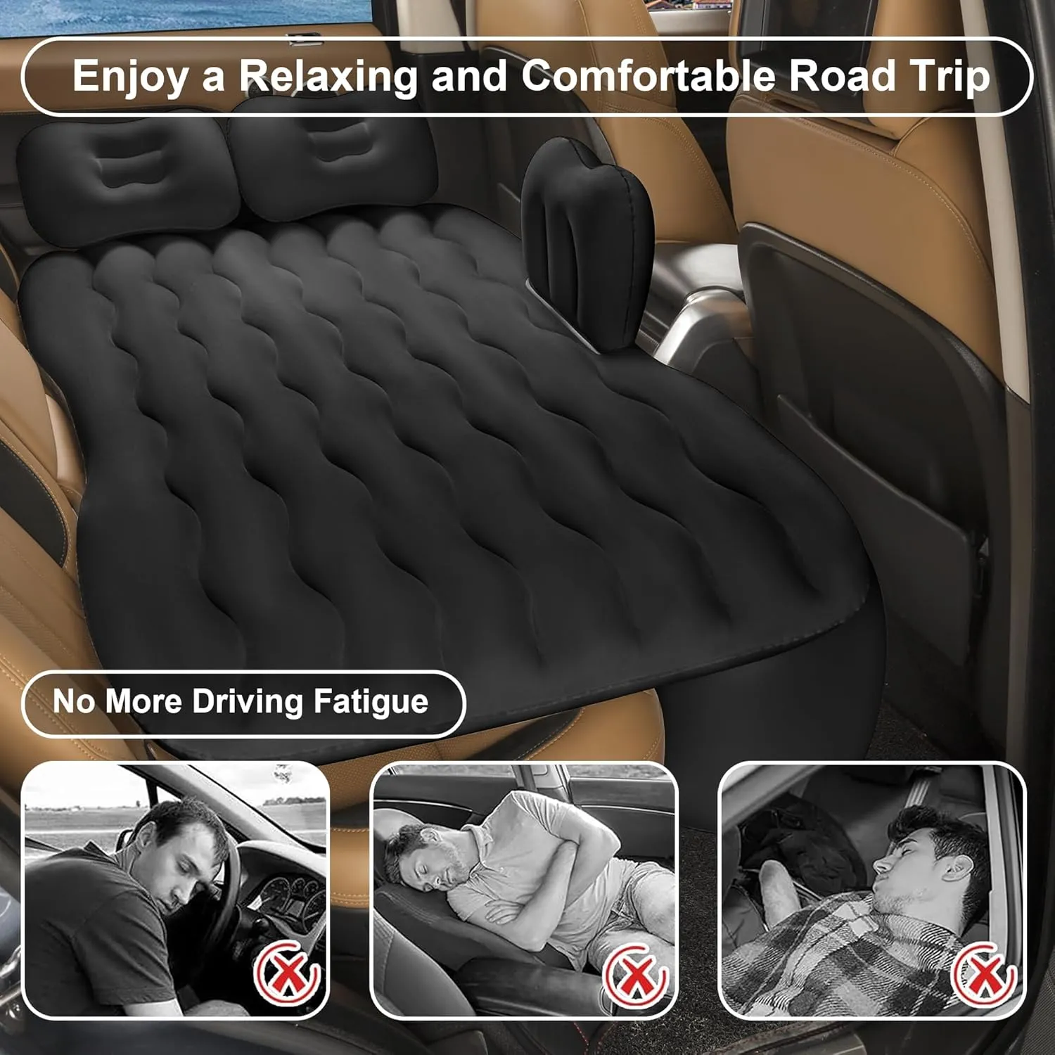 Vextone Inflatable Air Mattress Rear Back Seat Car Bed - PVC Thickened Travel Camping Air Mattress for Small Cars, Black Sleeping Car Mattress - Universal Fit, with Pillows, Piers, Repair Pad