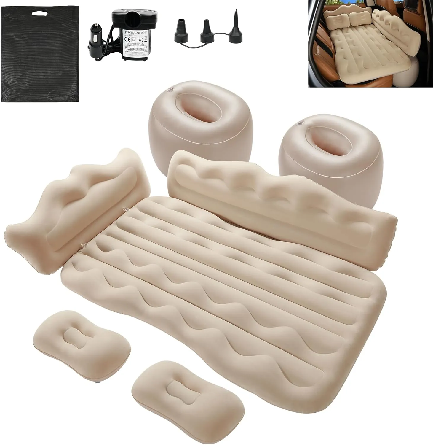 Vextone Inflatable Air Mattress Rear Back Seat Car Bed - PVC Thickened Travel Camping Air Mattress for SUV Cars, Beige Sleeping Car Mattress - Universal Fit, with Pillows, Piers, Repair Pad