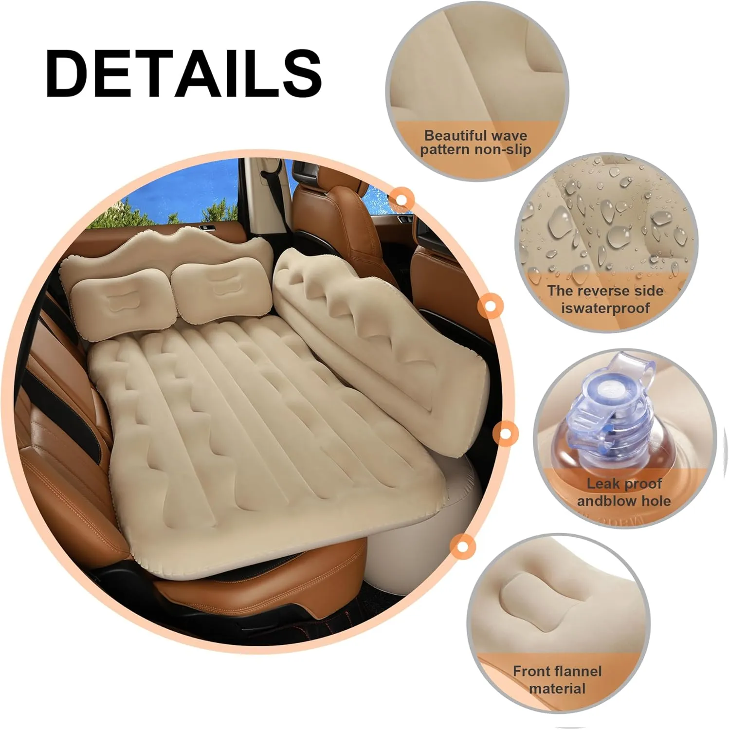 Vextone Inflatable Air Mattress Rear Back Seat Car Bed - PVC Thickened Travel Camping Air Mattress for SUV Cars, Beige Sleeping Car Mattress - Universal Fit, with Pillows, Piers, Repair Pad