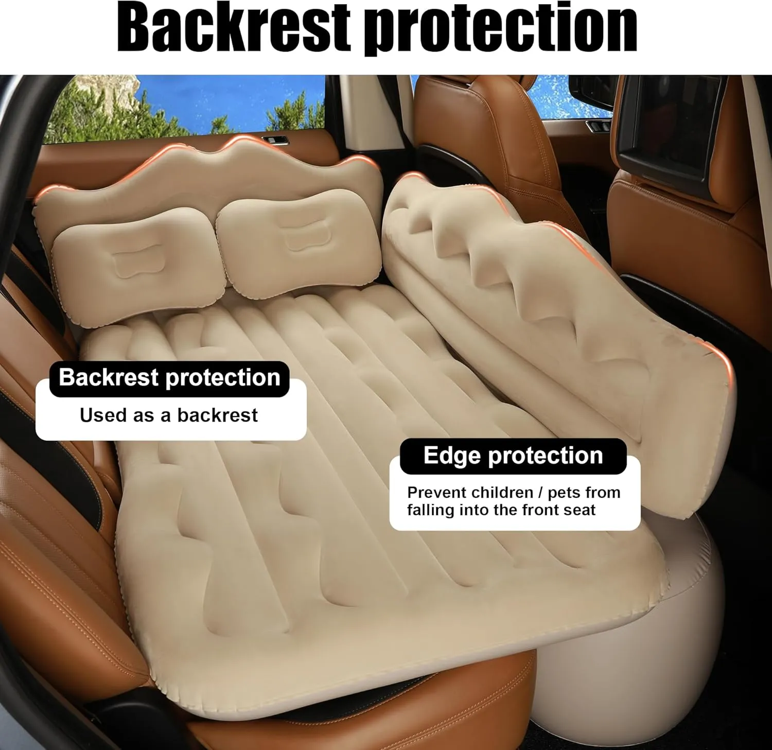 Vextone Inflatable Air Mattress Rear Back Seat Car Bed - PVC Thickened Travel Camping Air Mattress for SUV Cars, Beige Sleeping Car Mattress - Universal Fit, with Pillows, Piers, Repair Pad