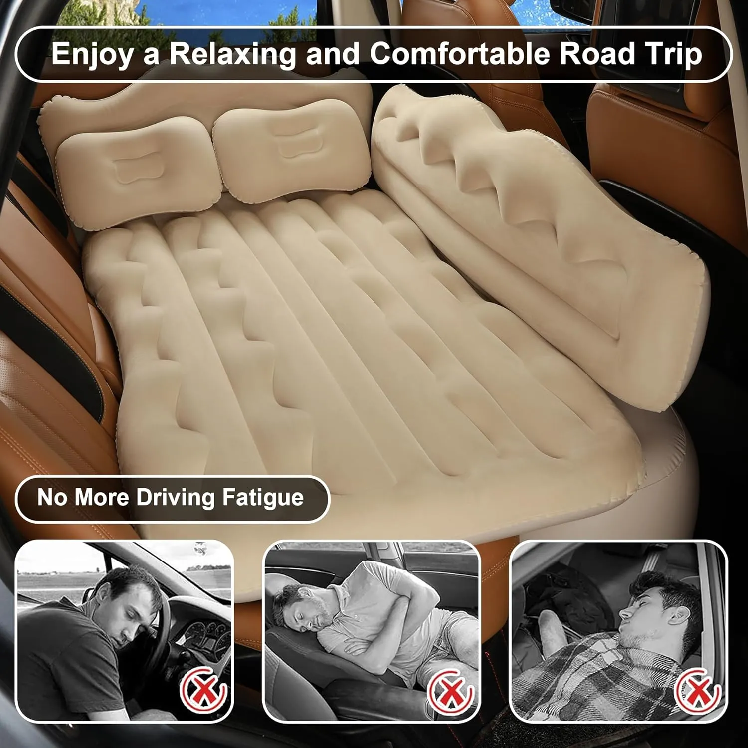 Vextone Inflatable Air Mattress Rear Back Seat Car Bed - PVC Thickened Travel Camping Air Mattress for SUV Cars, Beige Sleeping Car Mattress - Universal Fit, with Pillows, Piers, Repair Pad