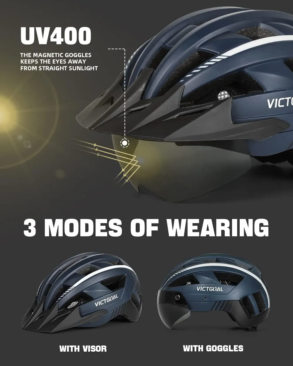 VICTGOAL Bike Helmet with USB Rechargeable Rear Light Detachable Magnetic Goggles Removable Sun Visor Mountain & Road Bicycle Helmets for Men Women Adult Cycling Helmets