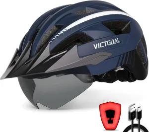 VICTGOAL Bike Helmet with USB Rechargeable Rear Light Detachable Magnetic Goggles Removable Sun Visor Mountain & Road Bicycle Helmets for Men Women Adult Cycling Helmets