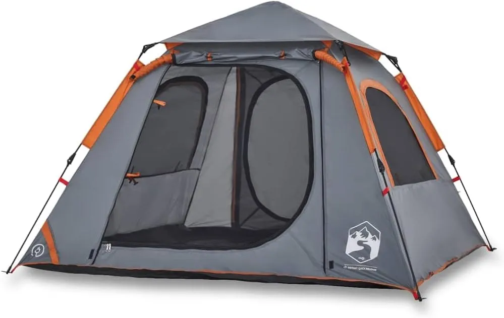 vidaXL Camping Tent Dome 4-Person, Garden Shelter, Portable Canopy for Outdoor Patio Hiking, Foldable Dome Tent, Gray and Orange Quick Release