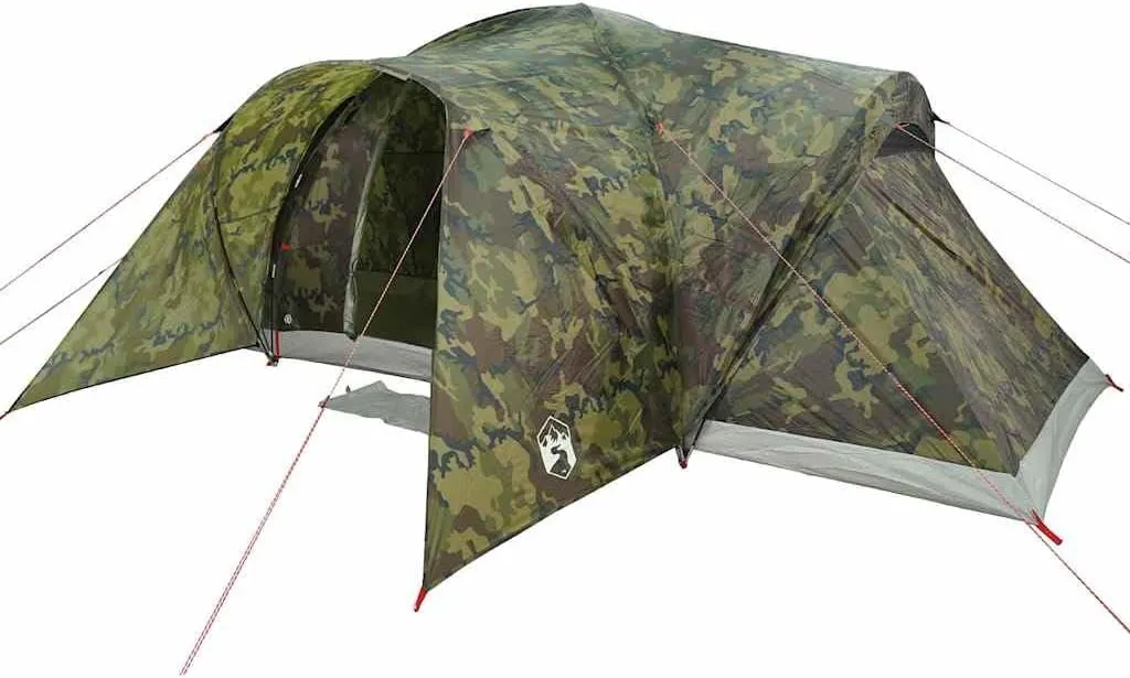 vidaXL Family Tent Dome 6-Person Camouflage Waterproof, Outdoor Camping Dome Shape with E-Port, 1 Bedroom & Porch, Polyester Material, Dimensions 194.5x145.7x74.8 Inches, Easy Assembly