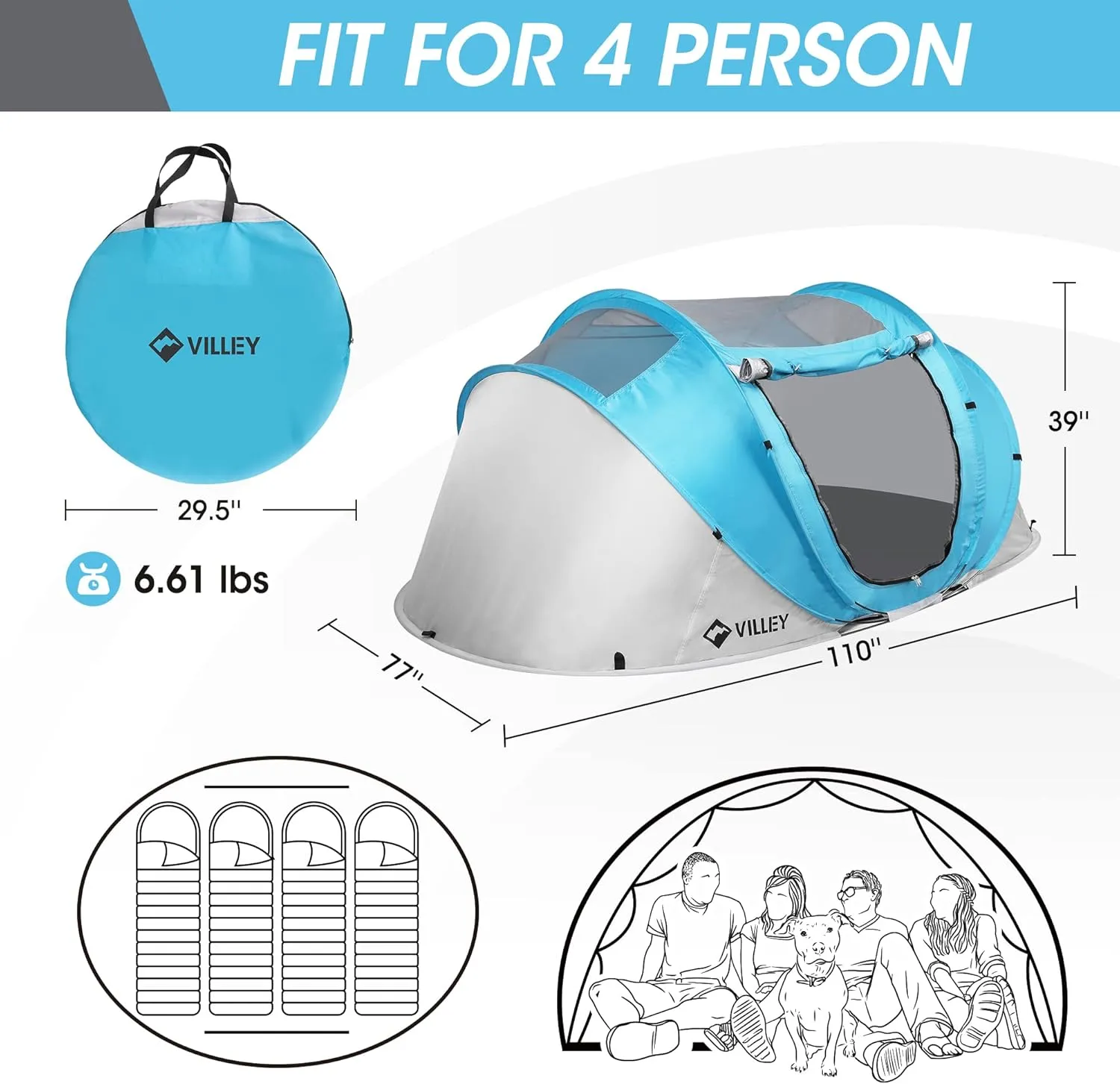 VILLEY 4 Person Easy Pop Up Tent, Waterproof Automatic Setup Instant Lightweight Camping Beach Tent with Carrying Bag for Camping, Hiking & Traveling