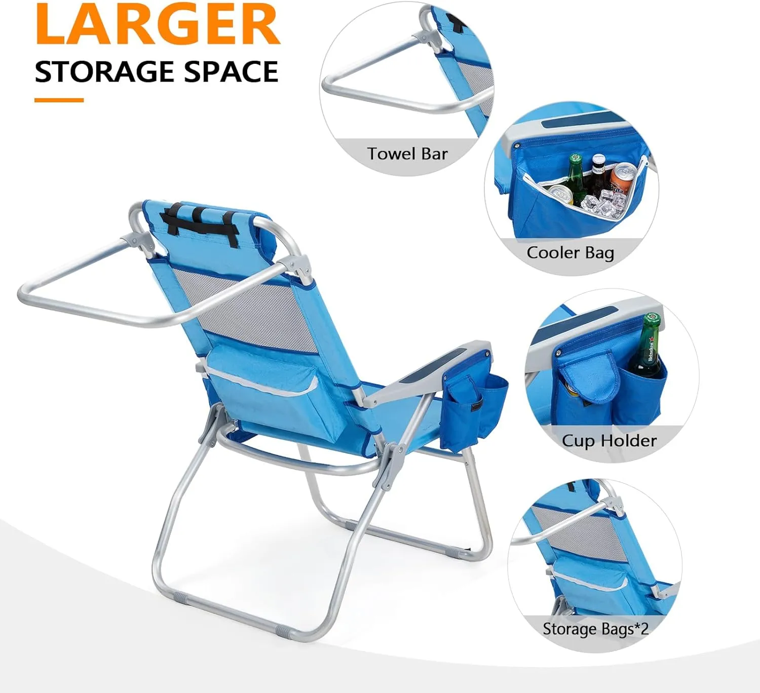 VINGLI 2 Pack Tall Beach Chair, 16" with 5-Position, Cooler Bag, Cup Holders, Towel Bar, Lightweight Folding Beach Camping Chairs for Adults