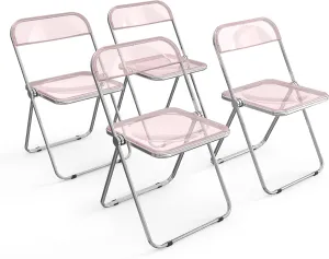 VINGLI Acrylic Folding Chairs 4 Pack, Clear Chair Foldable and Stackable, Plastic Panel & Metal Chrome Frame, Weight Capacity 350 lbs, Pink