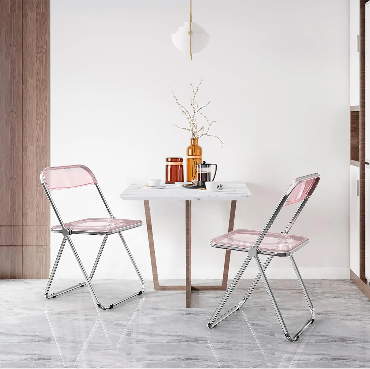 VINGLI Acrylic Folding Chairs 4 Pack, Clear Chair Foldable and Stackable, Plastic Panel & Metal Chrome Frame, Weight Capacity 350 lbs, Pink
