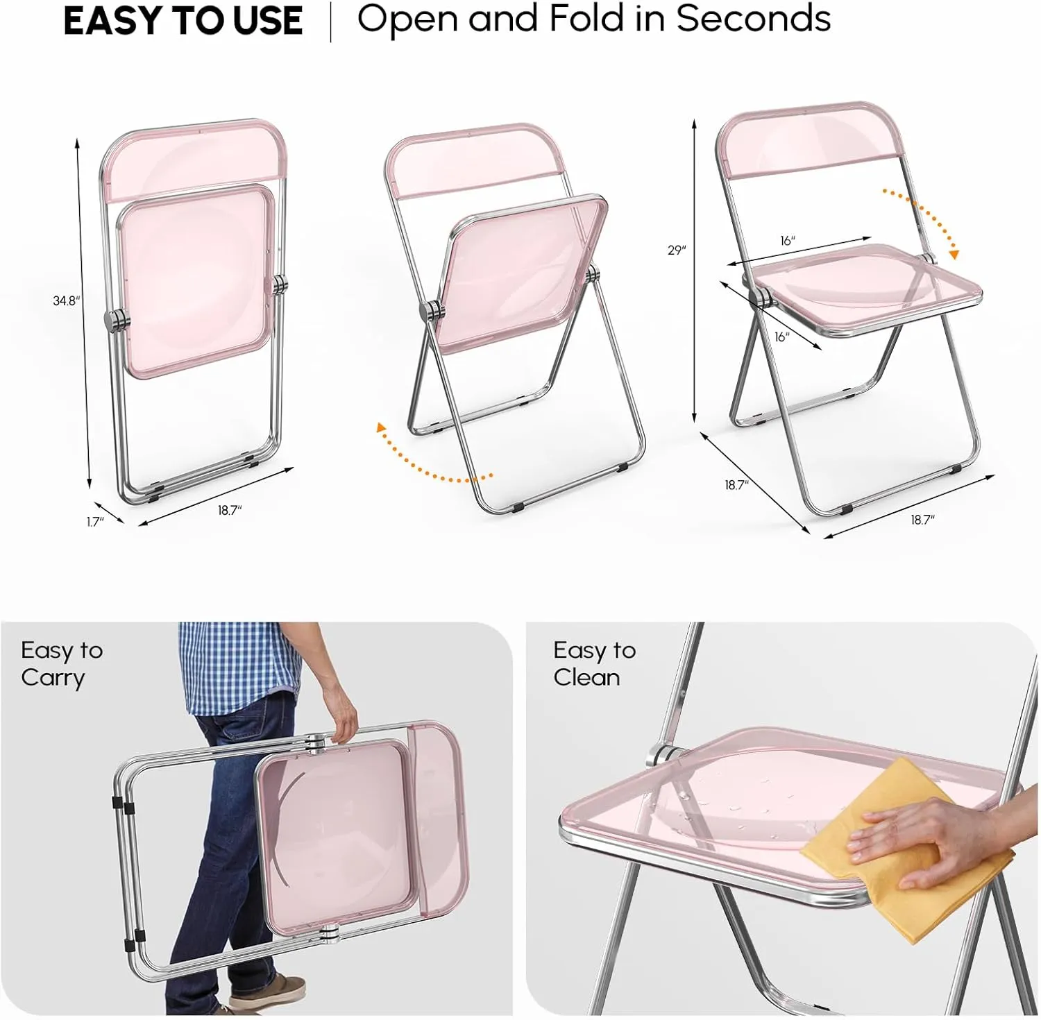 VINGLI Acrylic Folding Chairs 4 Pack, Clear Chair Foldable and Stackable, Plastic Panel & Metal Chrome Frame, Weight Capacity 350 lbs, Pink