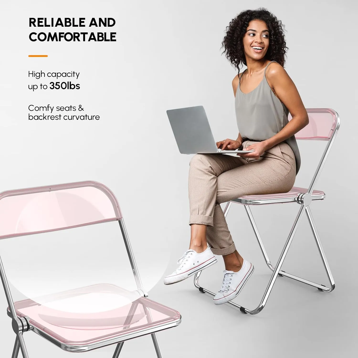 VINGLI Acrylic Folding Chairs 4 Pack, Clear Chair Foldable and Stackable, Plastic Panel & Metal Chrome Frame, Weight Capacity 350 lbs, Pink