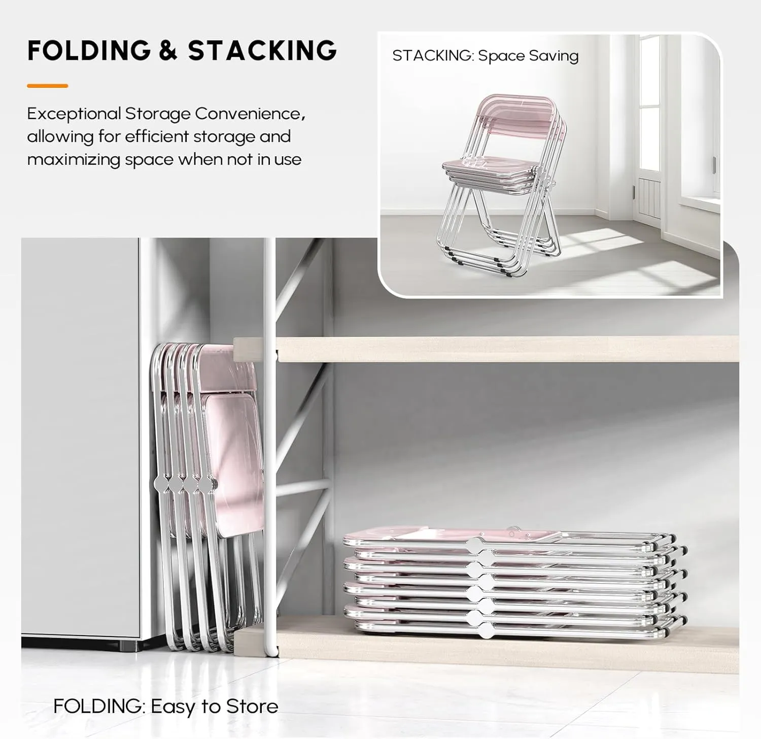 VINGLI Acrylic Folding Chairs 4 Pack, Clear Chair Foldable and Stackable, Plastic Panel & Metal Chrome Frame, Weight Capacity 350 lbs, Pink
