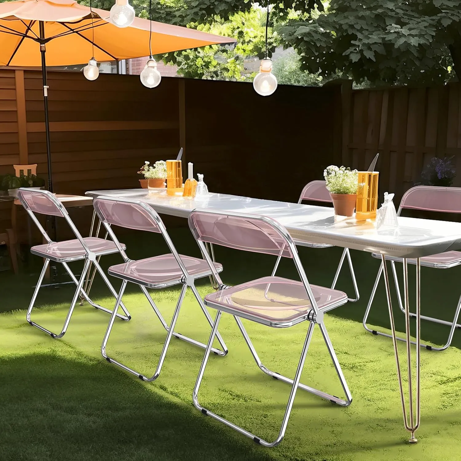 VINGLI Acrylic Folding Chairs 4 Pack, Clear Chair Foldable and Stackable, Plastic Panel & Metal Chrome Frame, Weight Capacity 350 lbs, Pink