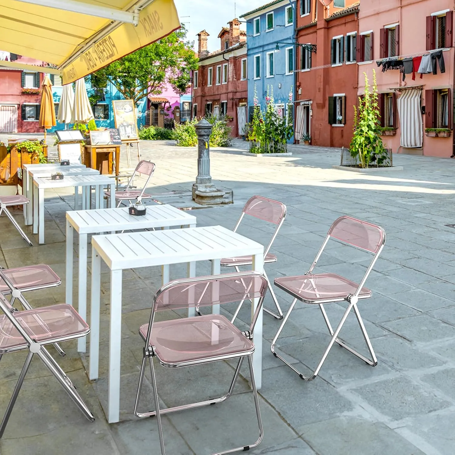 VINGLI Acrylic Folding Chairs 4 Pack, Clear Chair Foldable and Stackable, Plastic Panel & Metal Chrome Frame, Weight Capacity 350 lbs, Pink