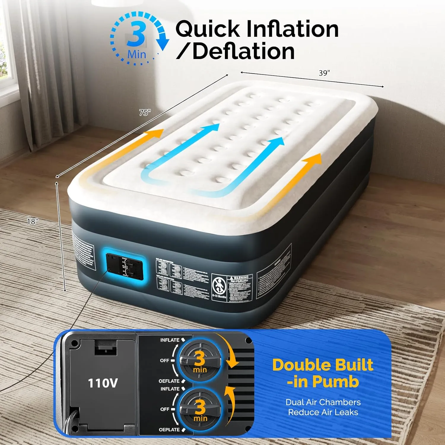 VINGLI Air Mattress Twin with Built-in Pump, 18" Raised Comfort Blow Up Mattress with Double Air Chamber, Inflatable Mattress, Air Bed for Camping, Home, Dorms & Travel，Carry Bag