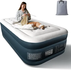 VINGLI Air Mattress Twin with Built-in Pump, 18" Raised Comfort Blow Up Mattress with Double Air Chamber, Inflatable Mattress, Air Bed for Camping, Home, Dorms & Travel，Carry Bag