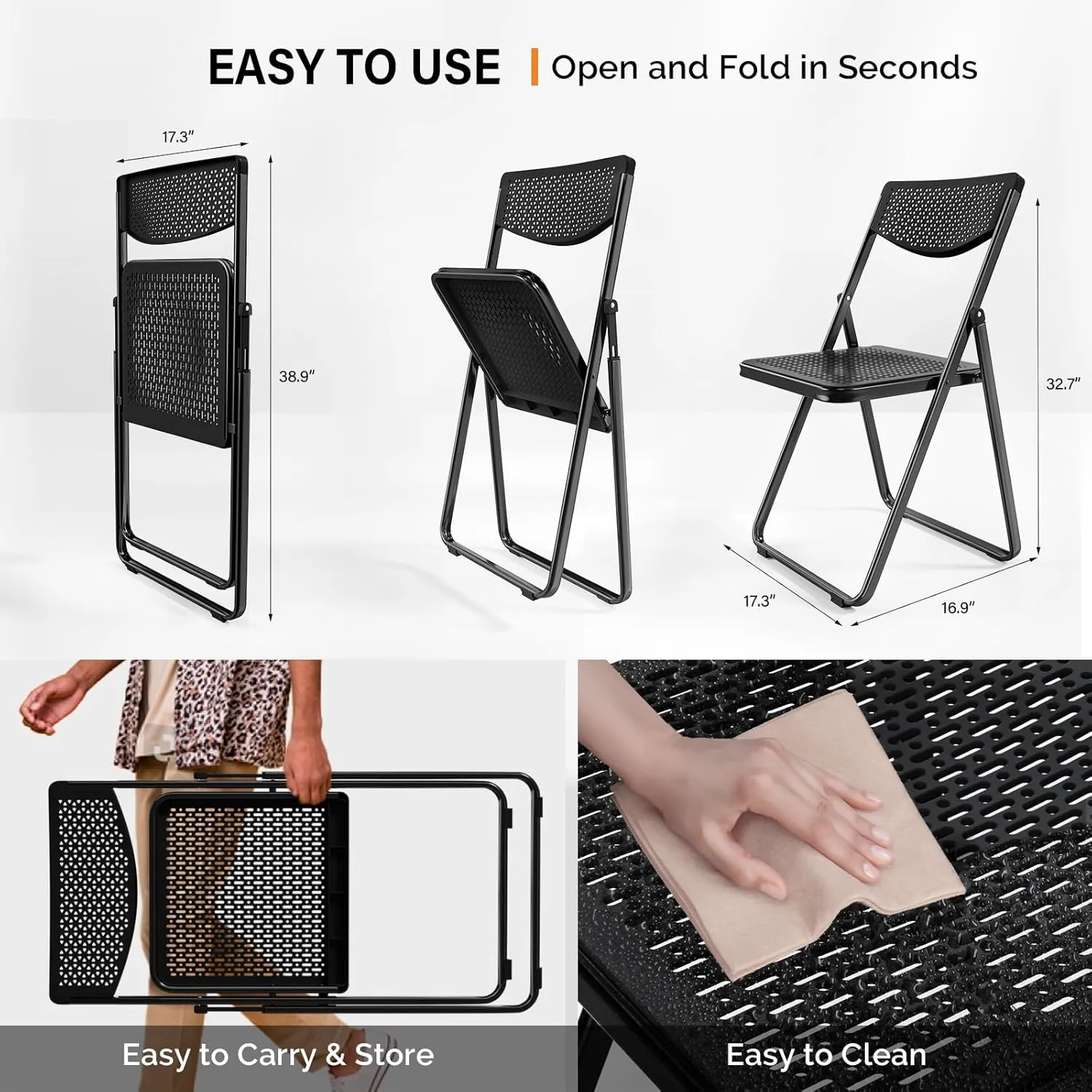 VINGLI Plastic Folding Chairs, Comfortable Foldable Chair with Breathable Mesh Seat and Sturdy Metal Frame 350lbs Capacity for Indoor and Outdoor Use, Party, Event, Office, Dining, Black, 4 Pack