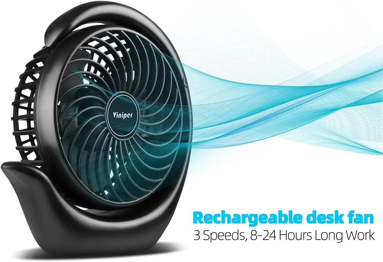 Viniper Portable Rechargeable Fan, Small Desk Fan : 3 Speeds & about 8-24 Hours Longer Working, 180 Rotation, Portable Battery Desktop Fan for Home/Office (Black, Light Black Blade)6.2 inch