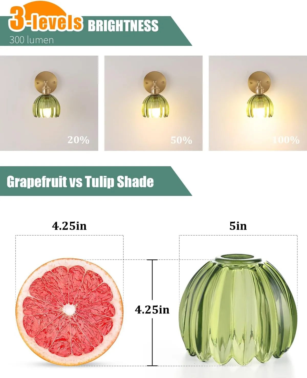 Vintage Battery Operated Wall Sconce with Green Tulip Glass Lampshade Wireless Rechargeable Battery Powered Wall Light with Remote Control for Bedside Bedroom Doorway, Set of 2