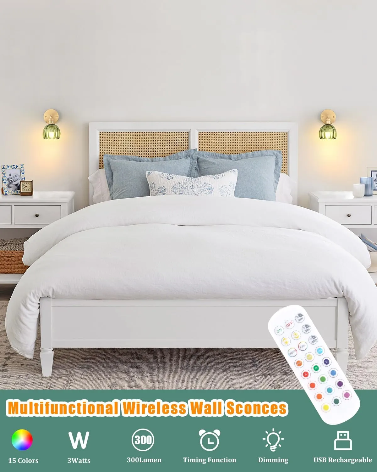 Vintage Battery Operated Wall Sconce with Green Tulip Glass Lampshade Wireless Rechargeable Battery Powered Wall Light with Remote Control for Bedside Bedroom Doorway, Set of 2