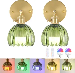Vintage Battery Operated Wall Sconce with Green Tulip Glass Lampshade Wireless Rechargeable Battery Powered Wall Light with Remote Control for Bedside Bedroom Doorway, Set of 2