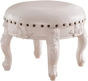Vintage Faux Leather Carved Footstool with Buttons 4 Carved Legs Sofa with European Decorations Coffee Table Stool,Cream White Padded Round Footstool (Creamy White)
