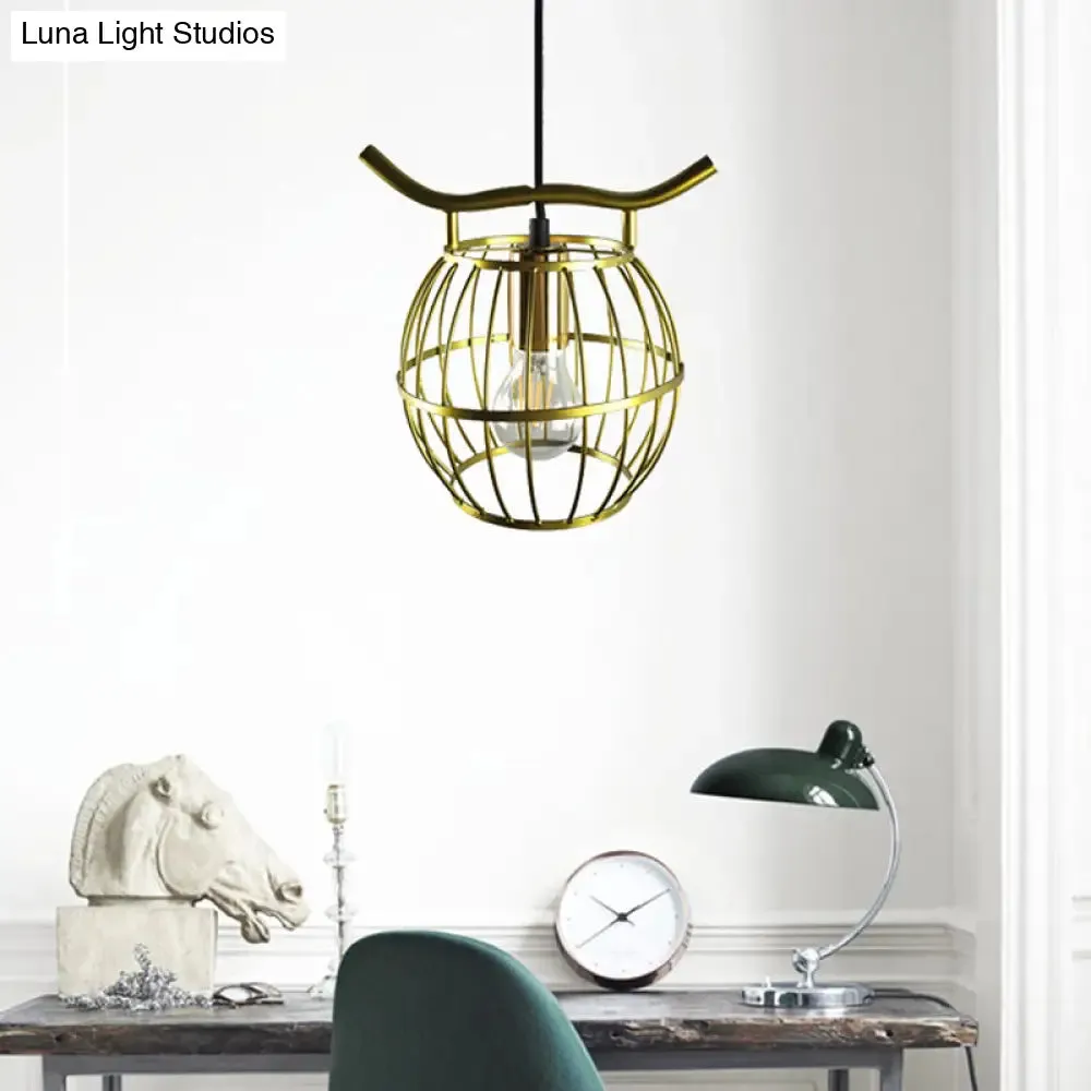 Vintage Gold Orb Cage Pendant Light Fixture - 1 Light Metal Hanging Light for Stairway