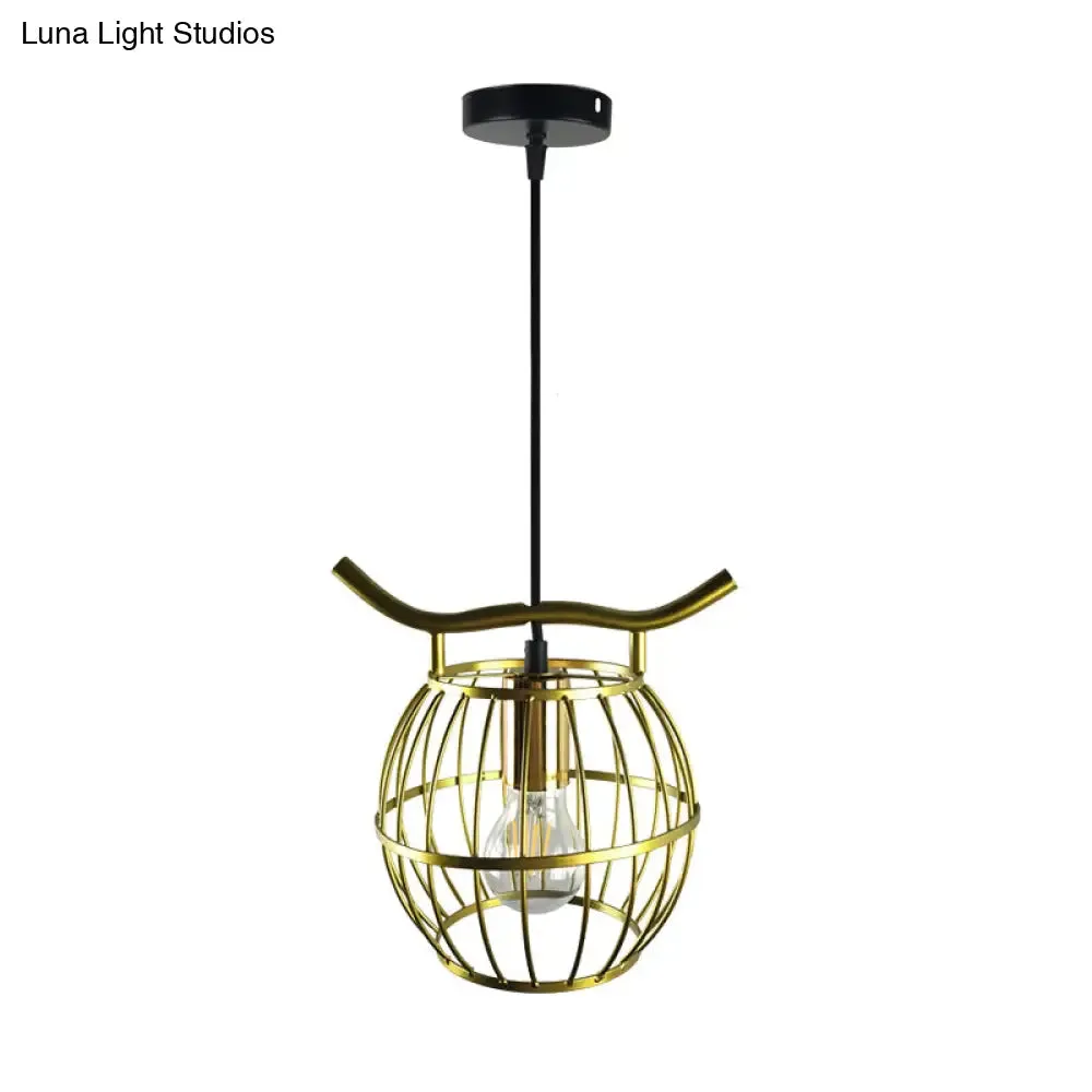 Vintage Gold Orb Cage Pendant Light Fixture - 1 Light Metal Hanging Light for Stairway