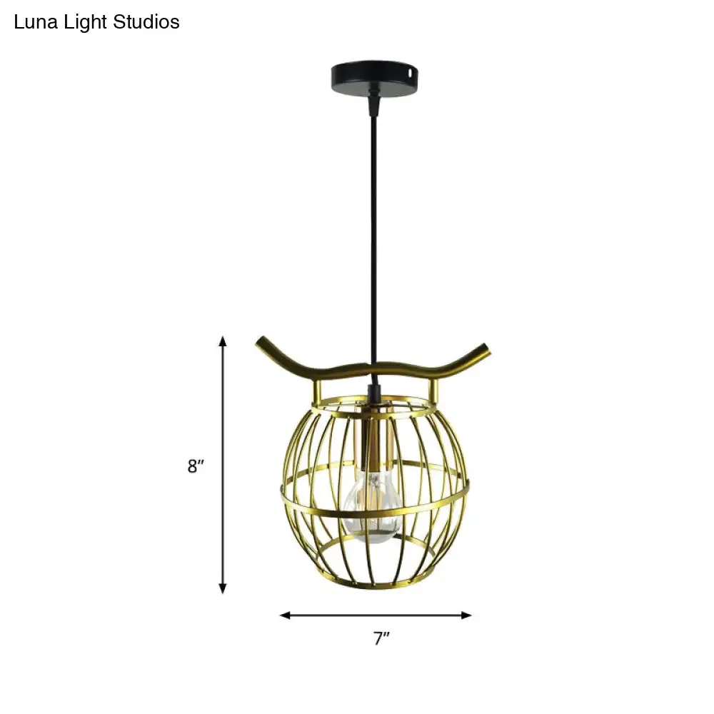 Vintage Gold Orb Cage Pendant Light Fixture - 1 Light Metal Hanging Light for Stairway