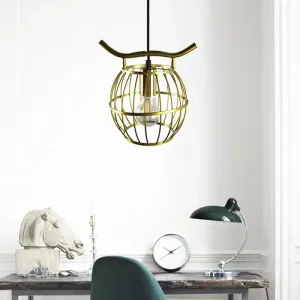 Vintage Gold Orb Cage Pendant Light Fixture - 1 Light Metal Hanging Light for Stairway