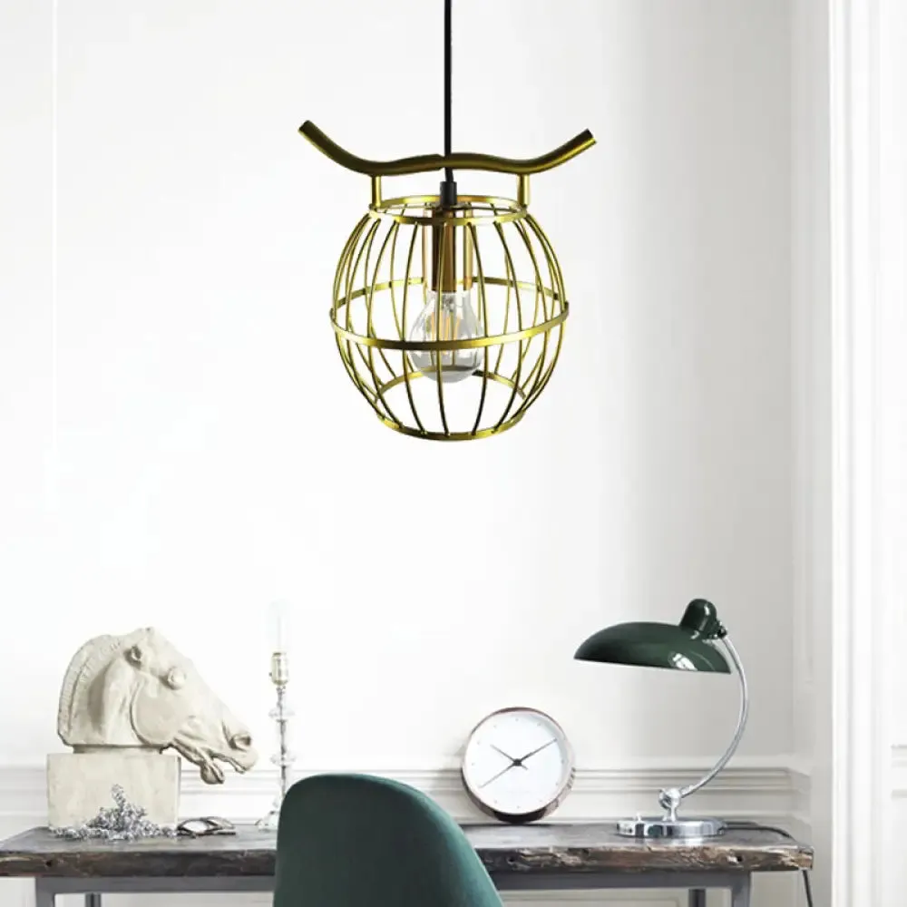 Vintage Gold Orb Cage Pendant Light Fixture - 1 Light Metal Hanging Light for Stairway