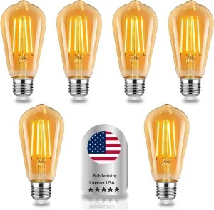 Vintage LED Edison Bulbs 6W, Equivalen 60W Warm White 2700K ST64 Dimmable Antique LED Filament Bulbs with 90  CRI, 600LM, E26/27 Base, Amber Glass, 6 Pack