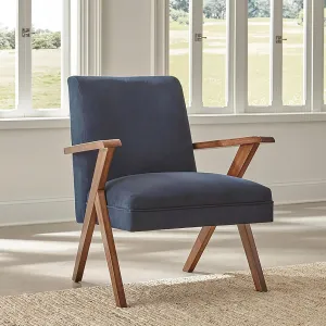 Vintage Mid-Century Modern Accent Chair with Dark Blue Upholstery and Walnut Wooden Arms