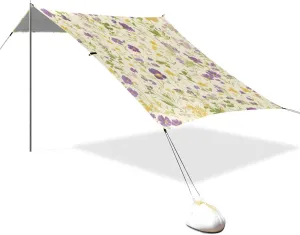 Vintage Violet Yellow Wildflowers Pattern Designed UPF50 Foldable Beach Tent Lightweight Portable Sun Shelter with Sturdy Poles, Sandbags and Shovel for Camping, Picnics, Backyard carpas para