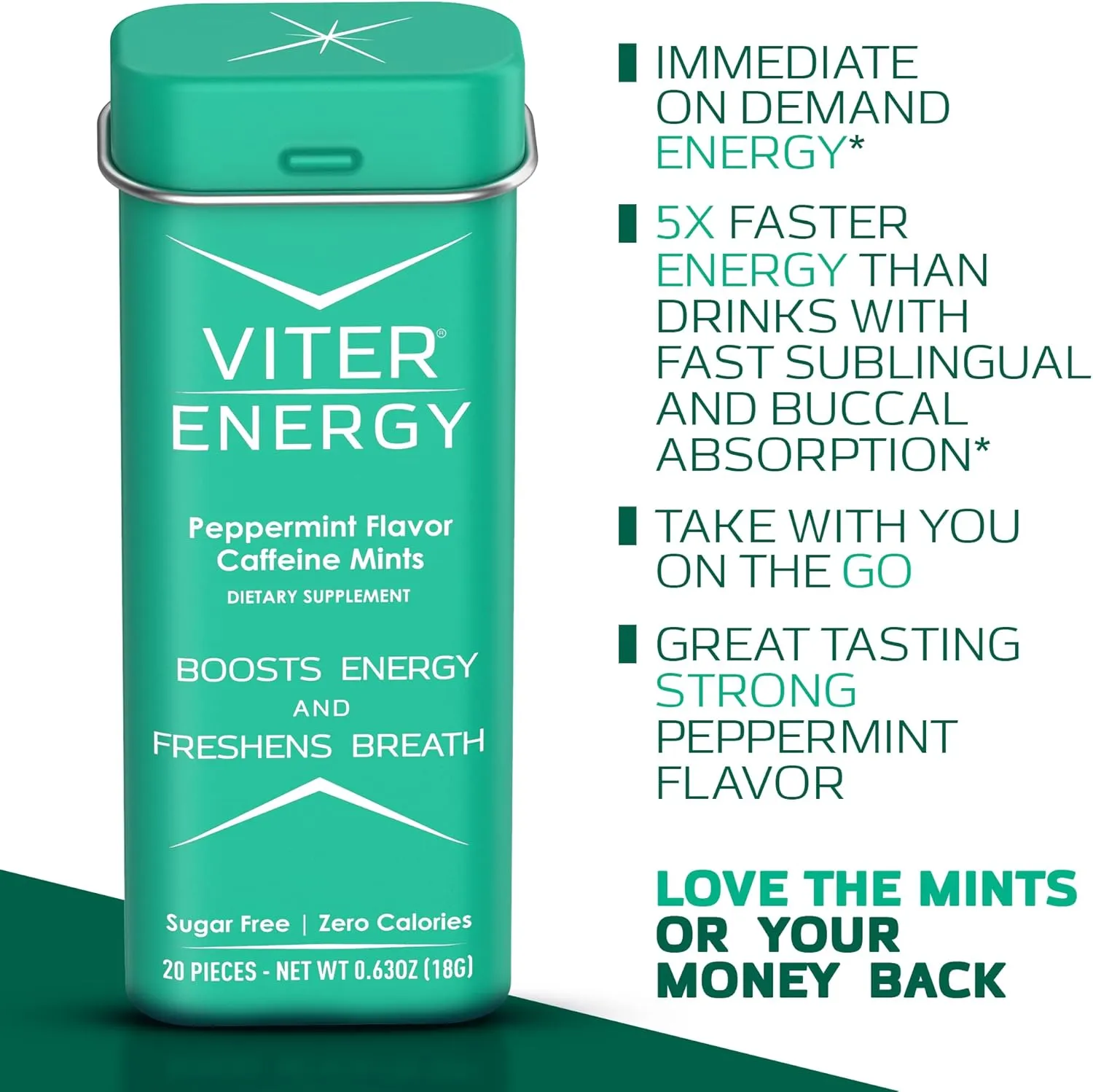 Viter Energy 40mg Caffeine Mints - Sugar Free, B Vitamins, Vegan, Boosts Fast Energized Alert Focus, Caffeinated Nootropic Supplement Pills (Peppermint Flavor, 20pcs, 6 Pack, 120pcs Total)