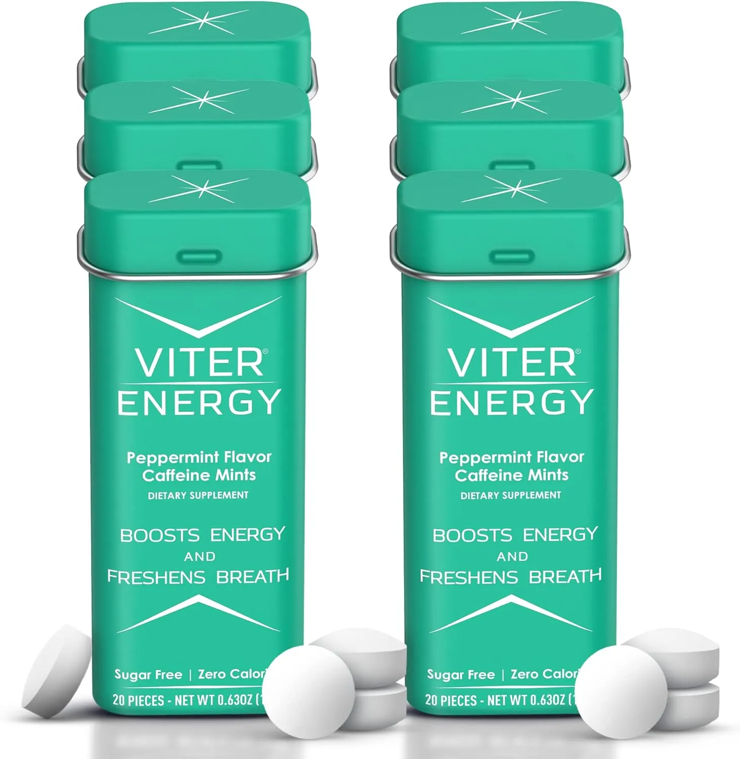Viter Energy 40mg Caffeine Mints - Sugar Free, B Vitamins, Vegan, Boosts Fast Energized Alert Focus, Caffeinated Nootropic Supplement Pills (Peppermint Flavor, 20pcs, 6 Pack, 120pcs Total)