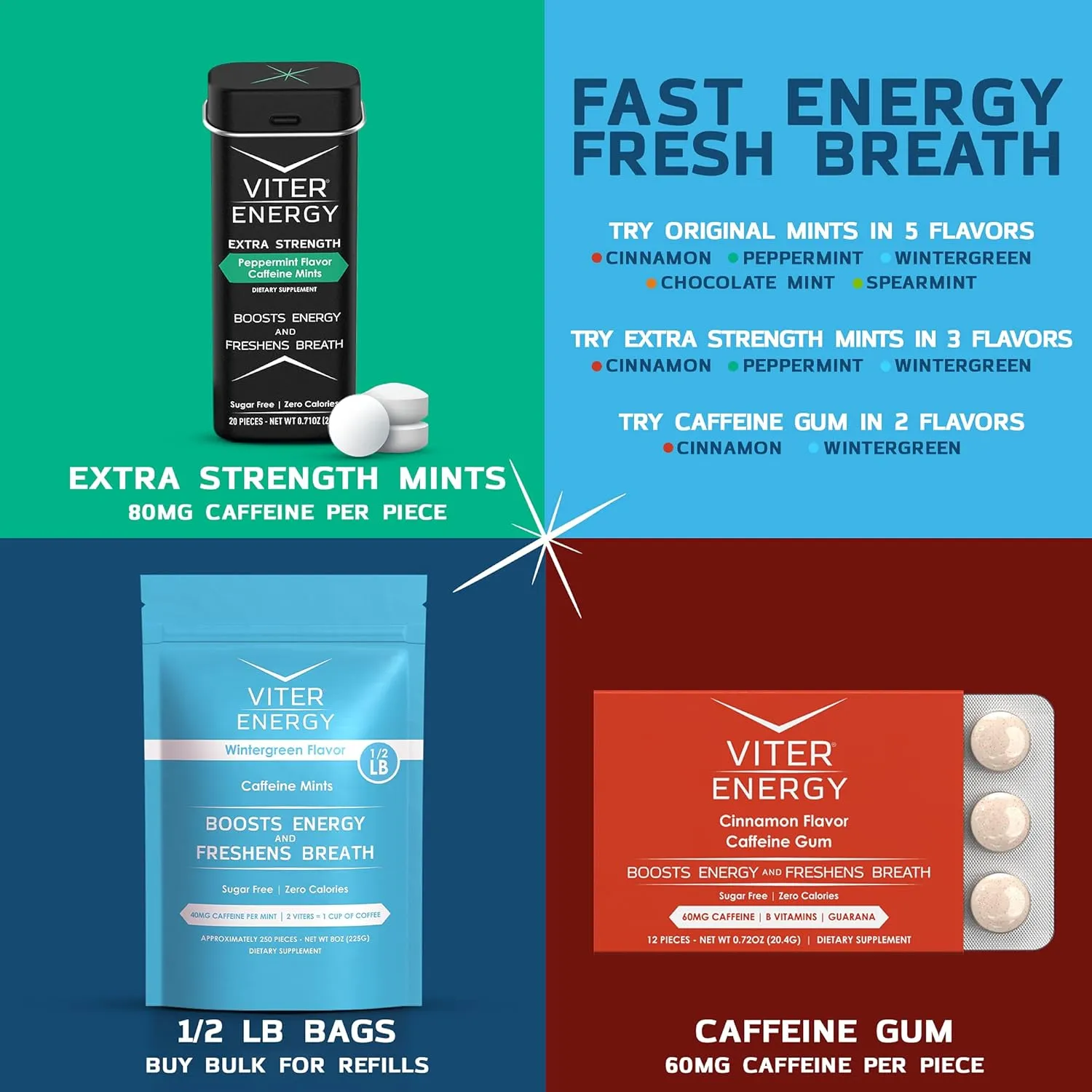 Viter Energy 40mg Caffeine Mints - Sugar Free, B Vitamins, Vegan, Boosts Fast Energized Alert Focus, Caffeinated Nootropic Supplement Pills (Peppermint Flavor, 20pcs, 6 Pack, 120pcs Total)