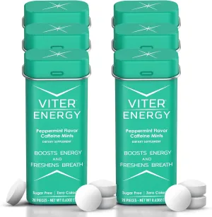 Viter Energy 40mg Caffeine Mints - Sugar Free, B Vitamins, Vegan, Boosts Fast Energized Alert Focus, Caffeinated Nootropic Supplement Pills (Peppermint Flavor, 20pcs, 6 Pack, 120pcs Total)